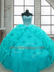 Floor Length Ball Gowns Sleeveless Aqua Blue Quinceanera Gown Lace Up