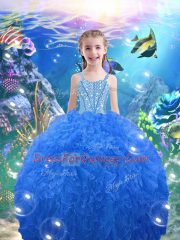Unique Baby Blue Sleeveless Floor Length Beading and Ruffles Lace Up Little Girls Pageant Gowns