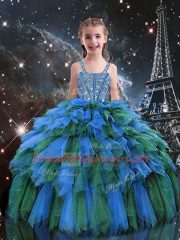 Blue Sleeveless Beading and Ruffles Floor Length Little Girl Pageant Gowns