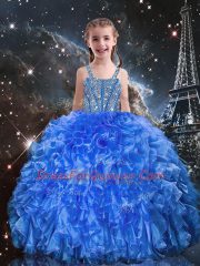 Floor Length Lace Up Kids Formal Wear Blue for Quinceanera and Wedding Party with Beading and Ruffles