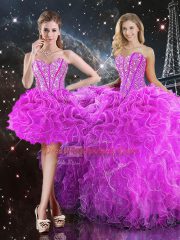 Cheap Organza Sweetheart Sleeveless Lace Up Beading and Ruffles Quinceanera Gown in Fuchsia