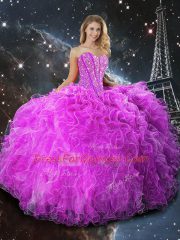 Cheap Organza Sweetheart Sleeveless Lace Up Beading and Ruffles Quinceanera Gown in Fuchsia