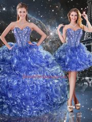 Sleeveless Organza Floor Length Lace Up Quinceanera Dress in Blue with Beading and Ruffles