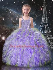 Lilac Pageant Gowns For Girls Quinceanera and Wedding Party with Beading and Ruffles Straps Sleeveless Lace Up
