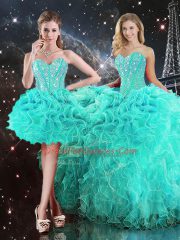 Dramatic Turquoise Sweetheart Lace Up Beading and Ruffles Quinceanera Dresses Sleeveless