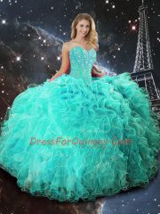 Dramatic Turquoise Sweetheart Lace Up Beading and Ruffles Quinceanera Dresses Sleeveless