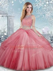 Extravagant Beading Vestidos de Quinceanera Watermelon Red Clasp Handle Sleeveless Floor Length