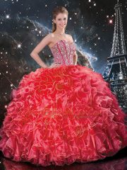 Decent Coral Red Sleeveless Beading and Ruffles Floor Length Vestidos de Quinceanera