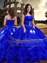 Latest Floor Length Zipper Quince Ball Gowns Royal Blue for Military Ball and Sweet 16 and Quinceanera with Embroidery and Ruffled Layers