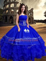 Latest Floor Length Zipper Quince Ball Gowns Royal Blue for Military Ball and Sweet 16 and Quinceanera with Embroidery and Ruffled Layers