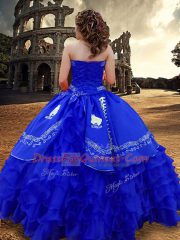 Latest Floor Length Zipper Quince Ball Gowns Royal Blue for Military Ball and Sweet 16 and Quinceanera with Embroidery and Ruffled Layers