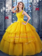 Spectacular Organza Straps Sleeveless Lace Up Ruffled Layers Quince Ball Gowns in Gold