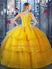 Spectacular Organza Straps Sleeveless Lace Up Ruffled Layers Quince Ball Gowns in Gold