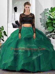 Simple Dark Green Long Sleeves Lace and Ruffles Floor Length Quinceanera Gown