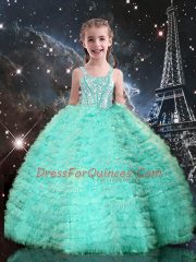 Simple Turquoise Tulle Lace Up Little Girl Pageant Dress Sleeveless Floor Length Beading and Ruffled Layers