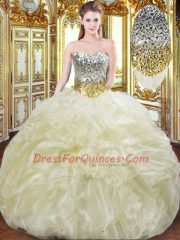 Low Price Light Yellow Ball Gowns Sweetheart Sleeveless Organza Floor Length Lace Up Beading and Ruffles Sweet 16 Dresses