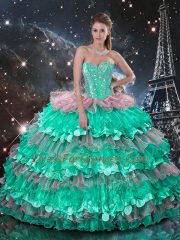 High End Multi-color Lace Up Sweetheart Beading and Ruffles and Ruffled Layers Sweet 16 Dresses Organza Sleeveless