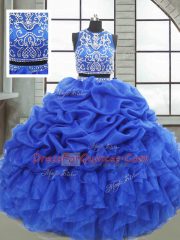 Lovely Scoop Sleeveless 15th Birthday Dress Floor Length Beading and Ruffles and Pick Ups Royal Blue Organza
