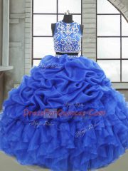 Lovely Scoop Sleeveless 15th Birthday Dress Floor Length Beading and Ruffles and Pick Ups Royal Blue Organza