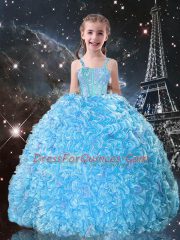 Sleeveless Floor Length Beading and Ruffles Lace Up Kids Pageant Dress with Aqua Blue