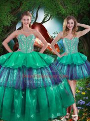 Gorgeous Floor Length Lace Up Sweet 16 Quinceanera Dress Turquoise for Military Ball and Sweet 16 and Quinceanera with Beading and Ruffled Layers