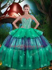 Gorgeous Floor Length Lace Up Sweet 16 Quinceanera Dress Turquoise for Military Ball and Sweet 16 and Quinceanera with Beading and Ruffled Layers