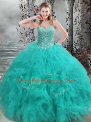 Fabulous Floor Length Turquoise Quinceanera Dresses Organza Sleeveless Beading and Ruffles