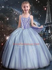Straps Sleeveless Little Girls Pageant Dress Floor Length Beading Light Blue Tulle