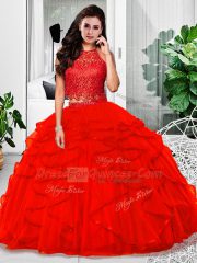 Low Price Sleeveless Floor Length Lace and Ruffles Zipper Sweet 16 Quinceanera Dress with Red