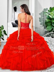 Low Price Sleeveless Floor Length Lace and Ruffles Zipper Sweet 16 Quinceanera Dress with Red