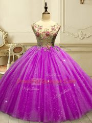 Most Popular Fuchsia Ball Gowns Scoop Sleeveless Tulle Floor Length Lace Up Appliques and Sequins 15th Birthday Dress