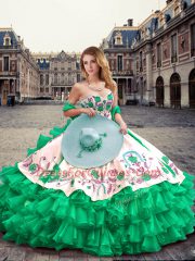 Embroidery and Ruffled Layers Quinceanera Dress Green Lace Up Sleeveless Floor Length