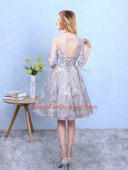 Scoop Half Sleeves Vestidos de Damas Knee Length Appliques Grey Printed