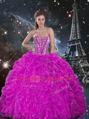 Suitable Fuchsia Lace Up Ball Gown Prom Dress Beading and Ruffles Sleeveless Floor Length