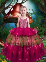 Floor Length Hot Pink Little Girls Pageant Gowns Organza Sleeveless Beading and Ruffled Layers