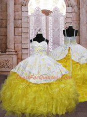 Gold Girls Pageant Dresses Organza Brush Train Sleeveless Embroidery and Ruffles