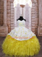 Gold Girls Pageant Dresses Organza Brush Train Sleeveless Embroidery and Ruffles