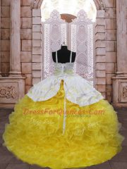 Gold Girls Pageant Dresses Organza Brush Train Sleeveless Embroidery and Ruffles