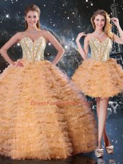 On Sale Sleeveless Organza Floor Length Lace Up Ball Gown Prom Dress in Orange with Beading and Ruffled Layers