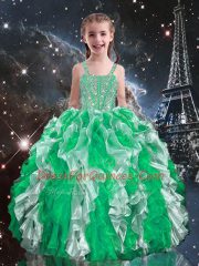 Dramatic Green Organza Lace Up Little Girls Pageant Dress Sleeveless Floor Length Beading and Ruffles