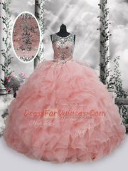 Pretty Organza Sleeveless Floor Length 15th Birthday Dress and Beading and Ruffles