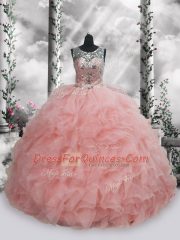 Pretty Organza Sleeveless Floor Length 15th Birthday Dress and Beading and Ruffles