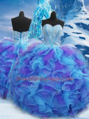 Floor Length Blue Ball Gown Prom Dress Sweetheart Sleeveless Lace Up