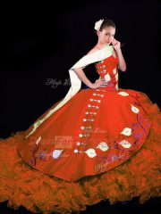 On Sale Rust Red Ball Gowns Taffeta V-neck Sleeveless Embroidery and Ruffles Lace Up Quinceanera Gowns Brush Train