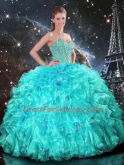 Glamorous Aqua Blue Sleeveless Floor Length Beading and Ruffles Lace Up Quinceanera Gowns