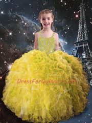 Straps Sleeveless Lace Up Little Girl Pageant Dress Light Yellow Organza