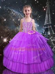 Sleeveless Beading and Ruffled Layers Lace Up Kids Formal Wear