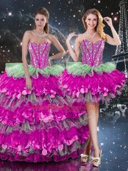 Shining Sleeveless Floor Length Beading and Ruffles and Ruffled Layers Lace Up Quinceanera Dresses with Multi-color