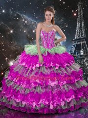 Shining Sleeveless Floor Length Beading and Ruffles and Ruffled Layers Lace Up Quinceanera Dresses with Multi-color