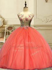 Orange Red Organza Lace Up Quinceanera Gowns Sleeveless Floor Length Appliques